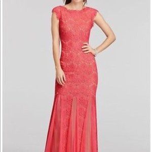 Betsy & Adam Coral/Nude Lace Gown